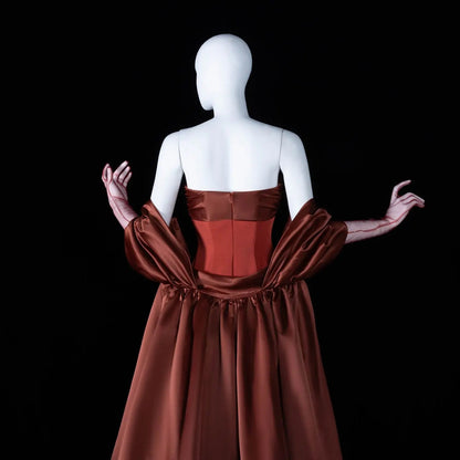 Glamorous Rust Strapless Satin Evening Dress with Oversized Sleeves SF490