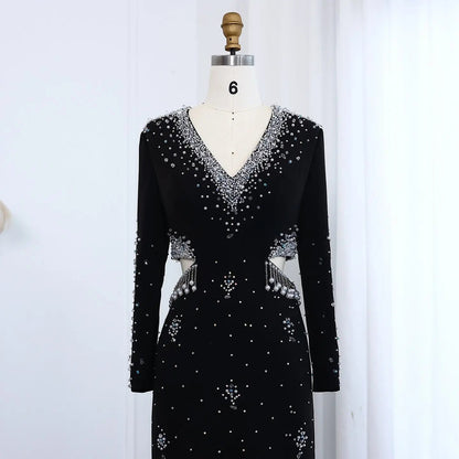 Luxury Black Pearl Beaded Long Sleeve Evening Dress XD019