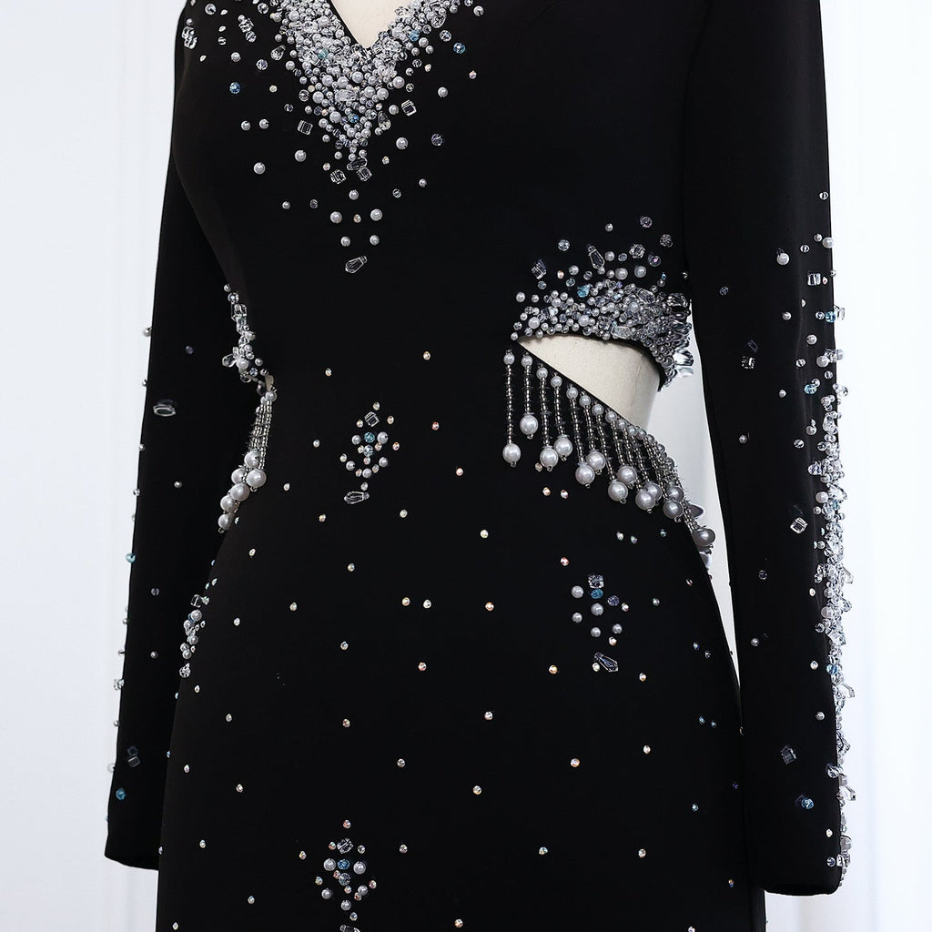 Luxury Pearl Beaded Long Sleeve Evening Dress XD019
