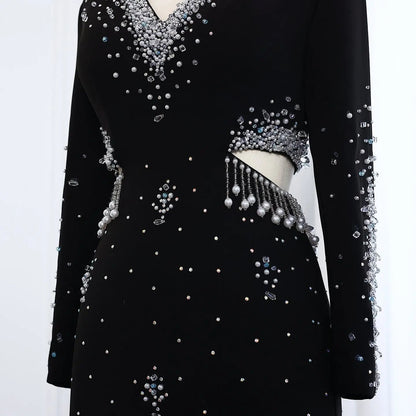 Luxury Black Pearl Beaded Long Sleeve Evening Dress XD019