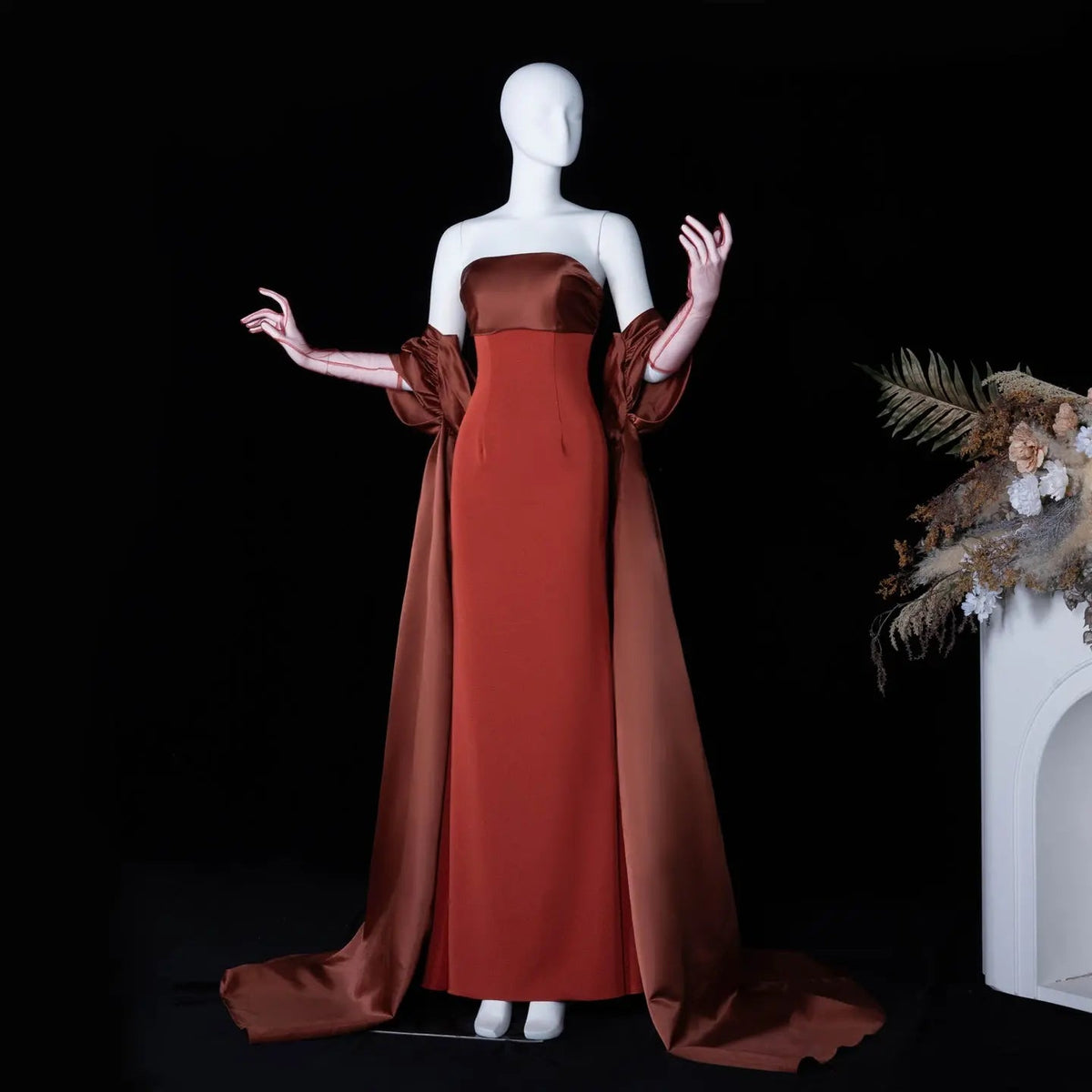 Glamorous Rust Strapless Satin Evening Dress with Oversized Sleeves SF490