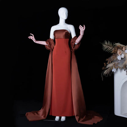 Glamorous Rust Strapless Satin Evening Dress with Oversized Sleeves SF490