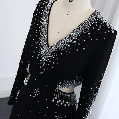 Luxury Black Pearl Beaded Long Sleeve Evening Dress XD019