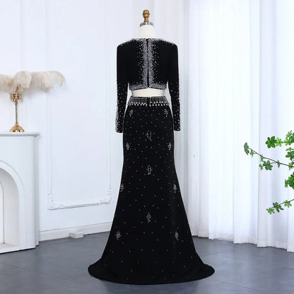 Luxury Black Pearl Beaded Long Sleeve Evening Dress XD019