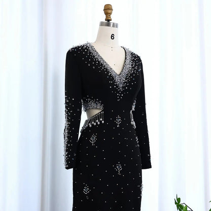 Luxury Black Pearl Beaded Long Sleeve Evening Dress XD019