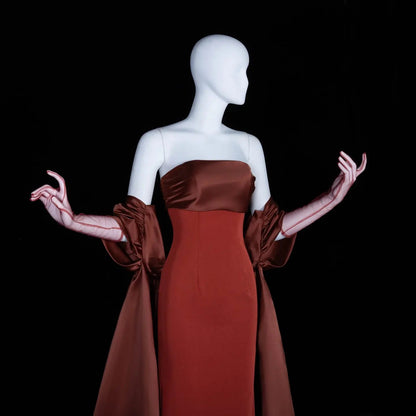 Glamorous Rust Strapless Satin Evening Dress with Oversized Sleeves SF490