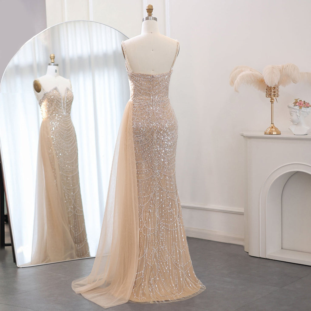 Luxury Pearls Nude Spaghetti Straps Mermaid Evening Dress with Slit SS611