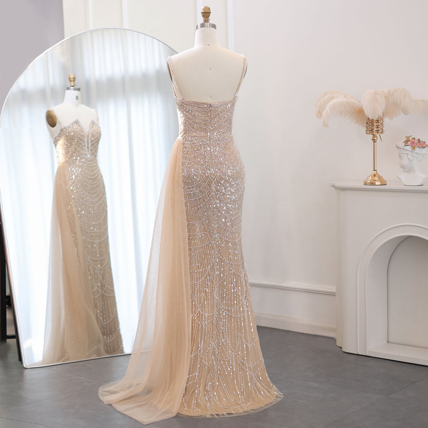 Luxury Pearls Nude Spaghetti Straps Mermaid Evening Dress with Slit SS611