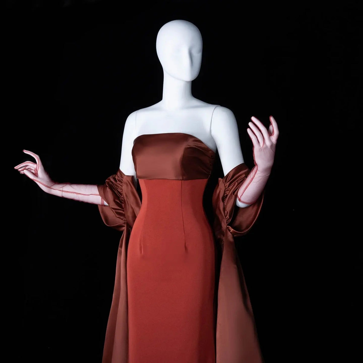 Glamorous Rust Strapless Satin Evening Dress with Oversized Sleeves SF490