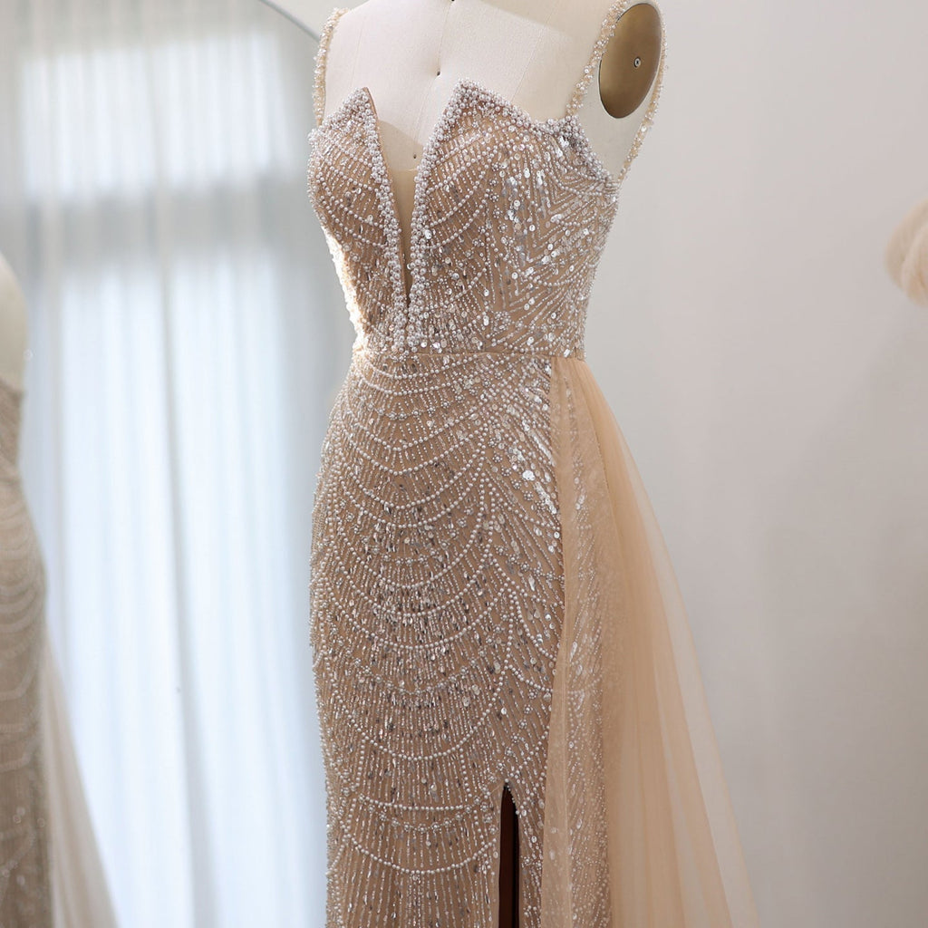 Luxury Pearls Nude Spaghetti Straps Mermaid Evening Dress with Slit SS611