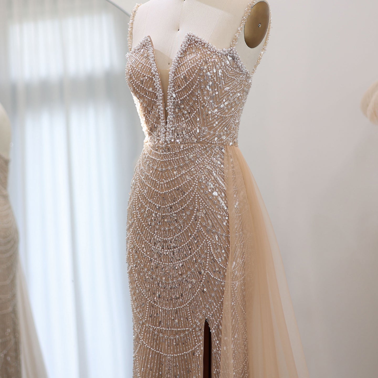 Luxury Pearls Nude Spaghetti Straps Mermaid Evening Dress with Slit SS611