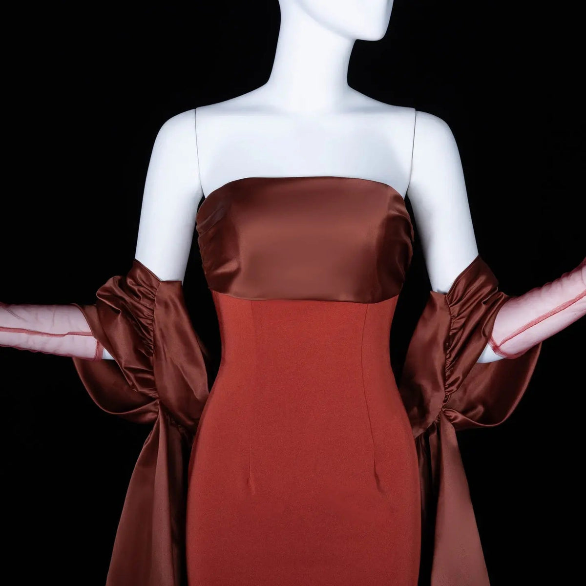 Glamorous Rust Strapless Satin Evening Dress with Oversized Sleeves SF490