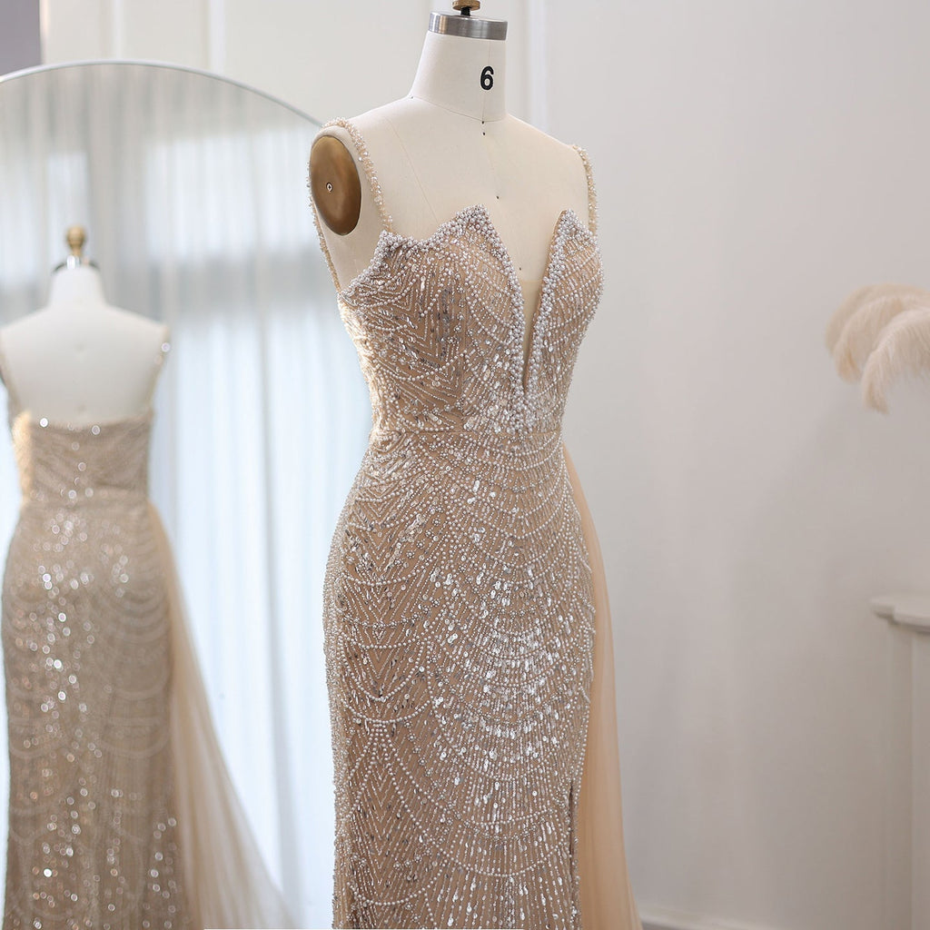 Luxury Pearls Nude Spaghetti Straps Mermaid Evening Dress with Slit SS611