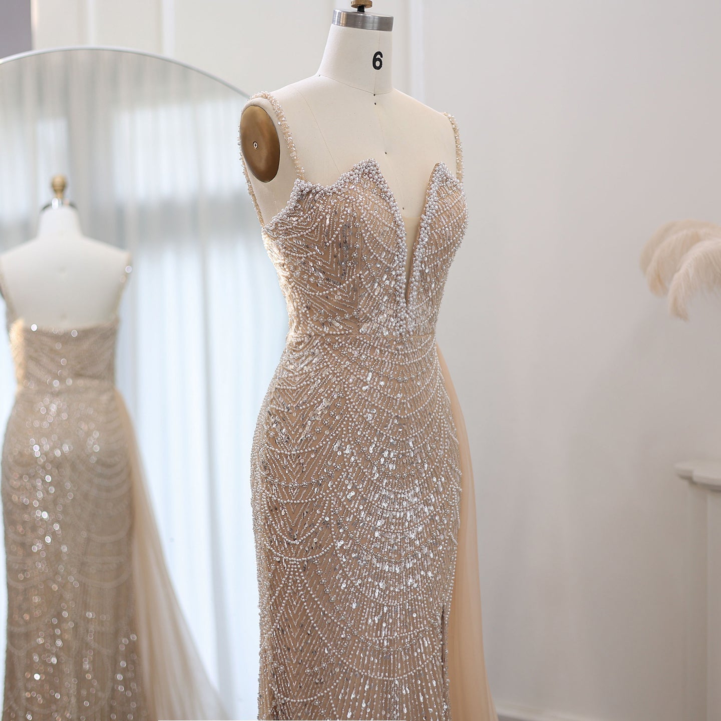 Luxury Pearls Nude Spaghetti Straps Mermaid Evening Dress with Slit SS611