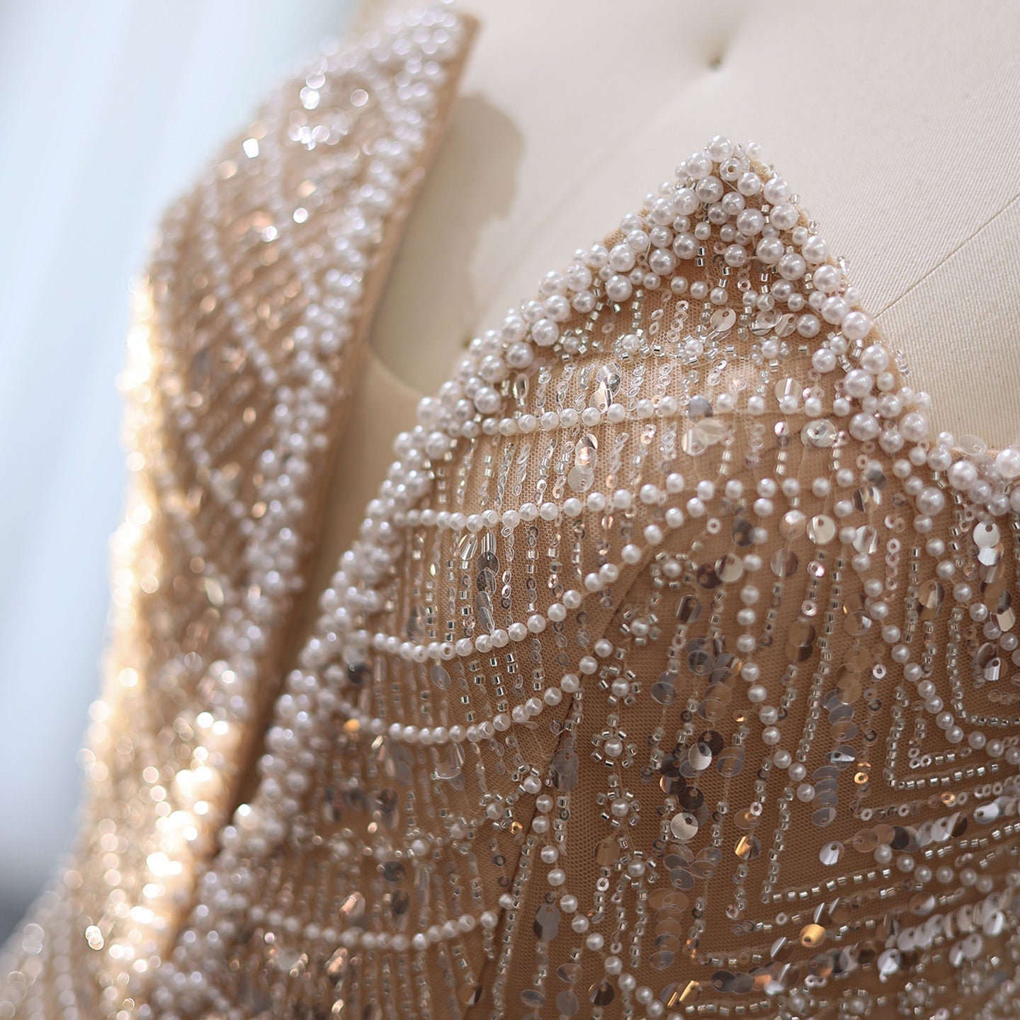 Luxury Pearls Nude Spaghetti Straps Mermaid Evening Dress with Slit SS611