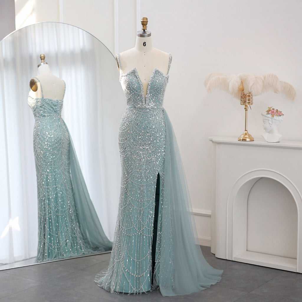 Luxury Pearls Nude Spaghetti Straps Mermaid Evening Dress with Slit SS611