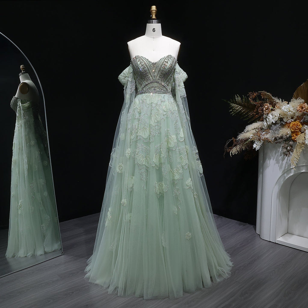 Elegant Sage Green Floral Beaded Off-the-Shoulder Tulle Evening Dress SS754