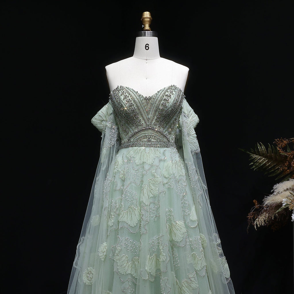Elegant Sage Green Floral Beaded Off-the-Shoulder Tulle Evening Dress SS754