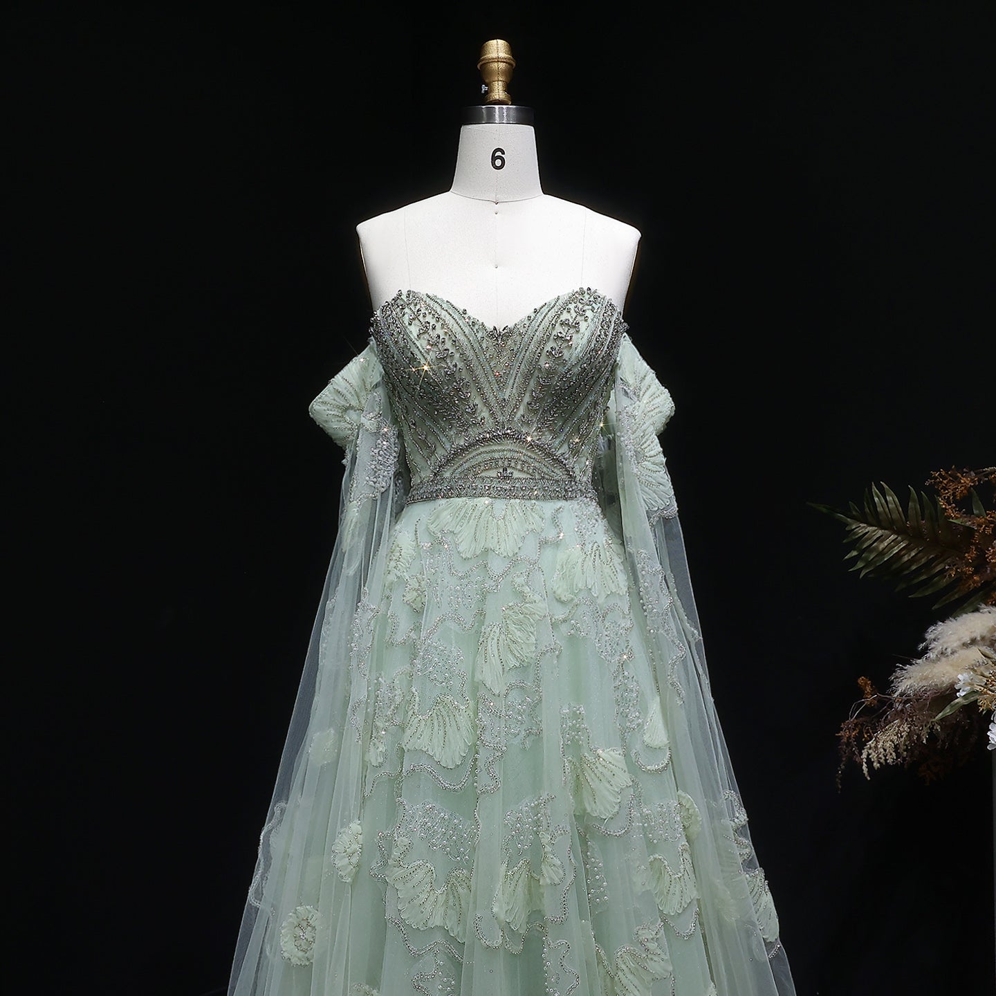 Elegant Sage Green Floral Beaded Off-the-Shoulder Tulle Evening Dress SS754