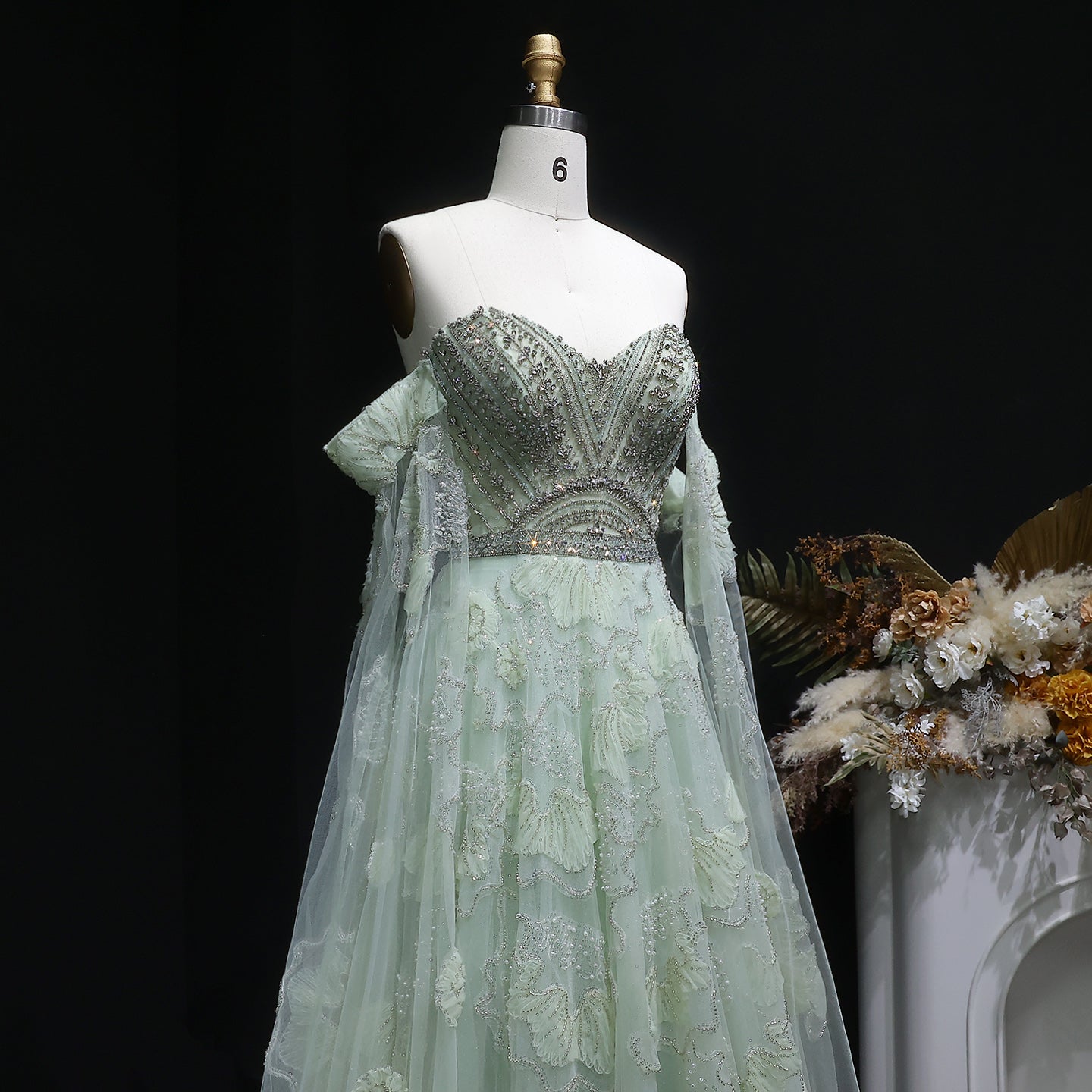 Elegant Sage Green Floral Beaded Off-the-Shoulder Tulle Evening Dress SS754