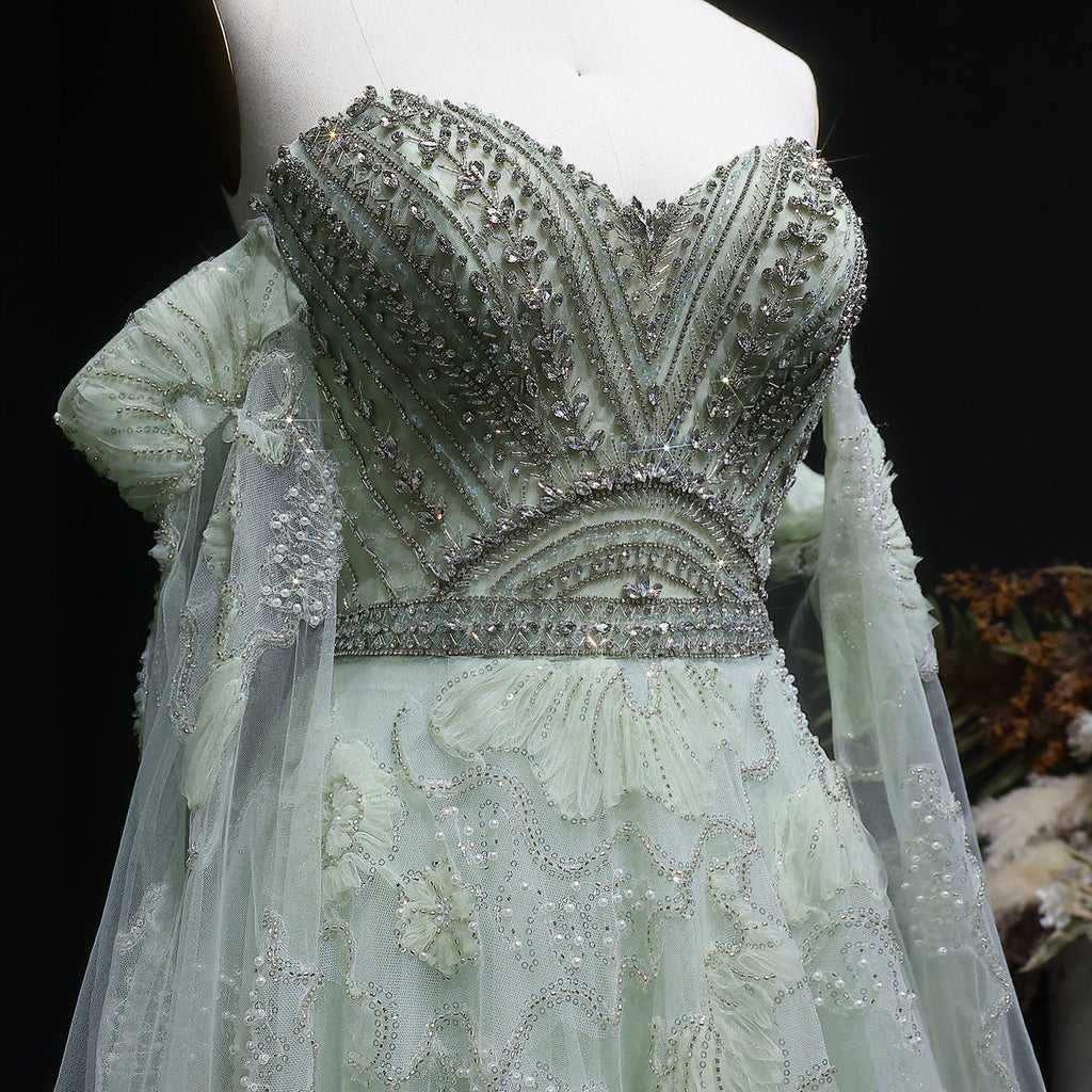 Elegant Sage Green Floral Beaded Off-the-Shoulder Tulle Evening Dress SS754