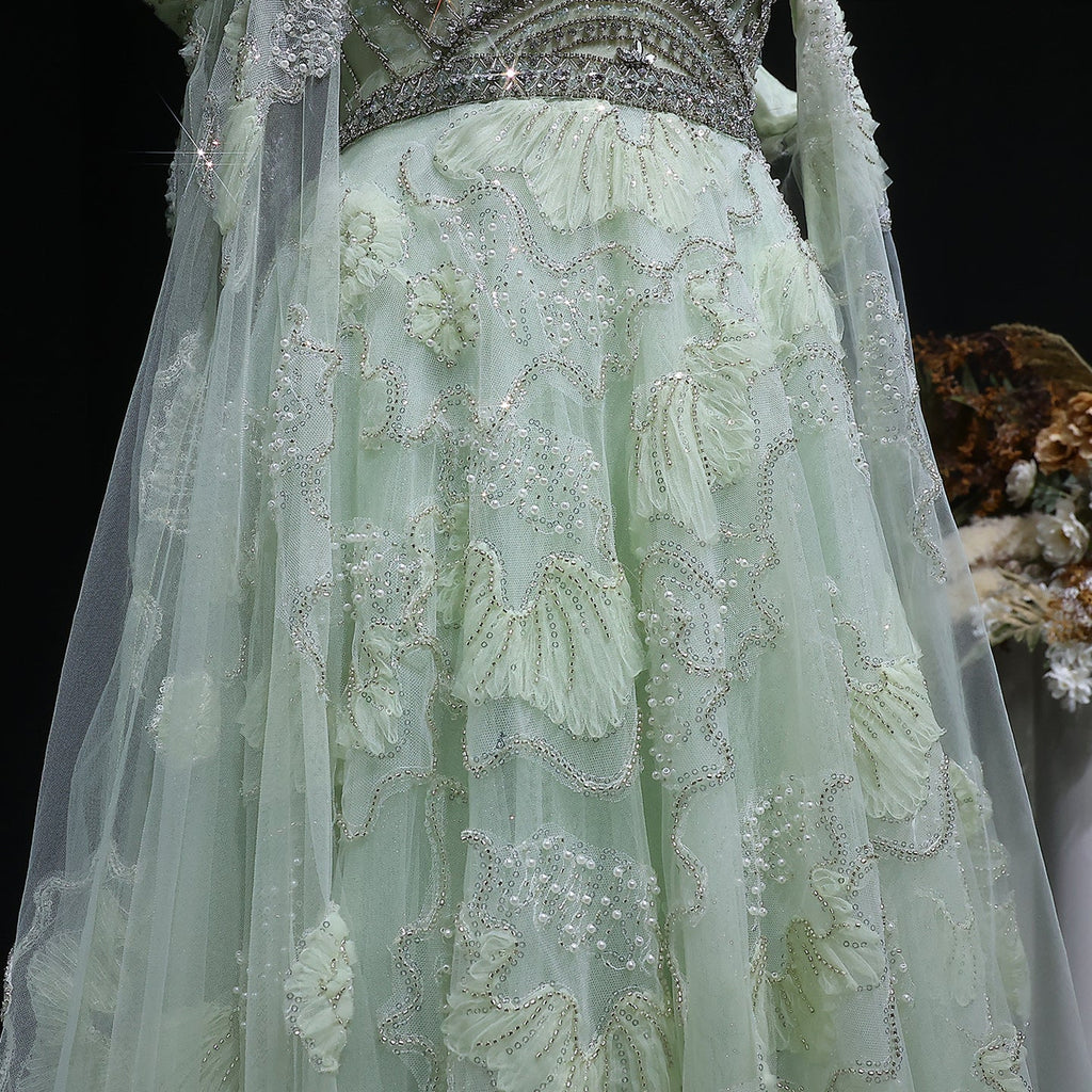 Elegant Sage Green Floral Beaded Off-the-Shoulder Tulle Evening Dress SS754