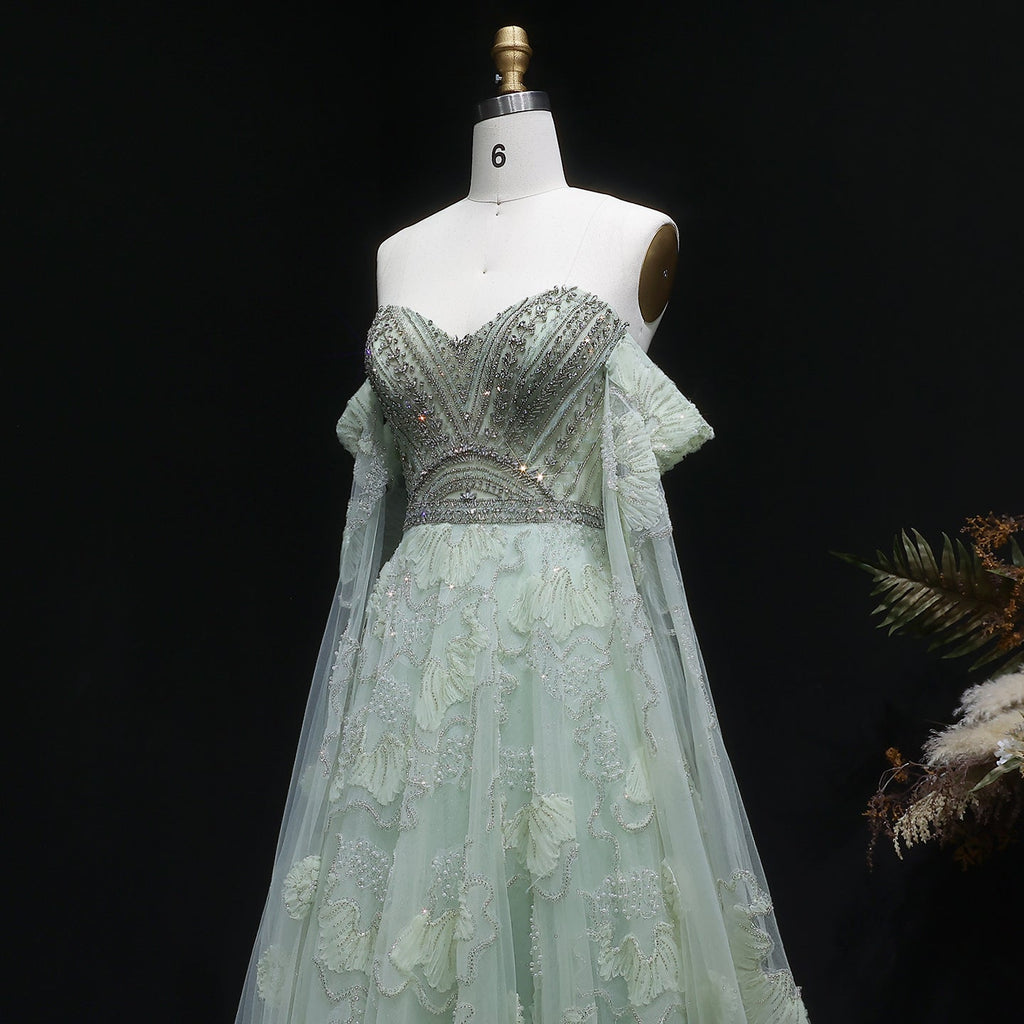 Elegant Sage Green Floral Beaded Off-the-Shoulder Tulle Evening Dress SS754