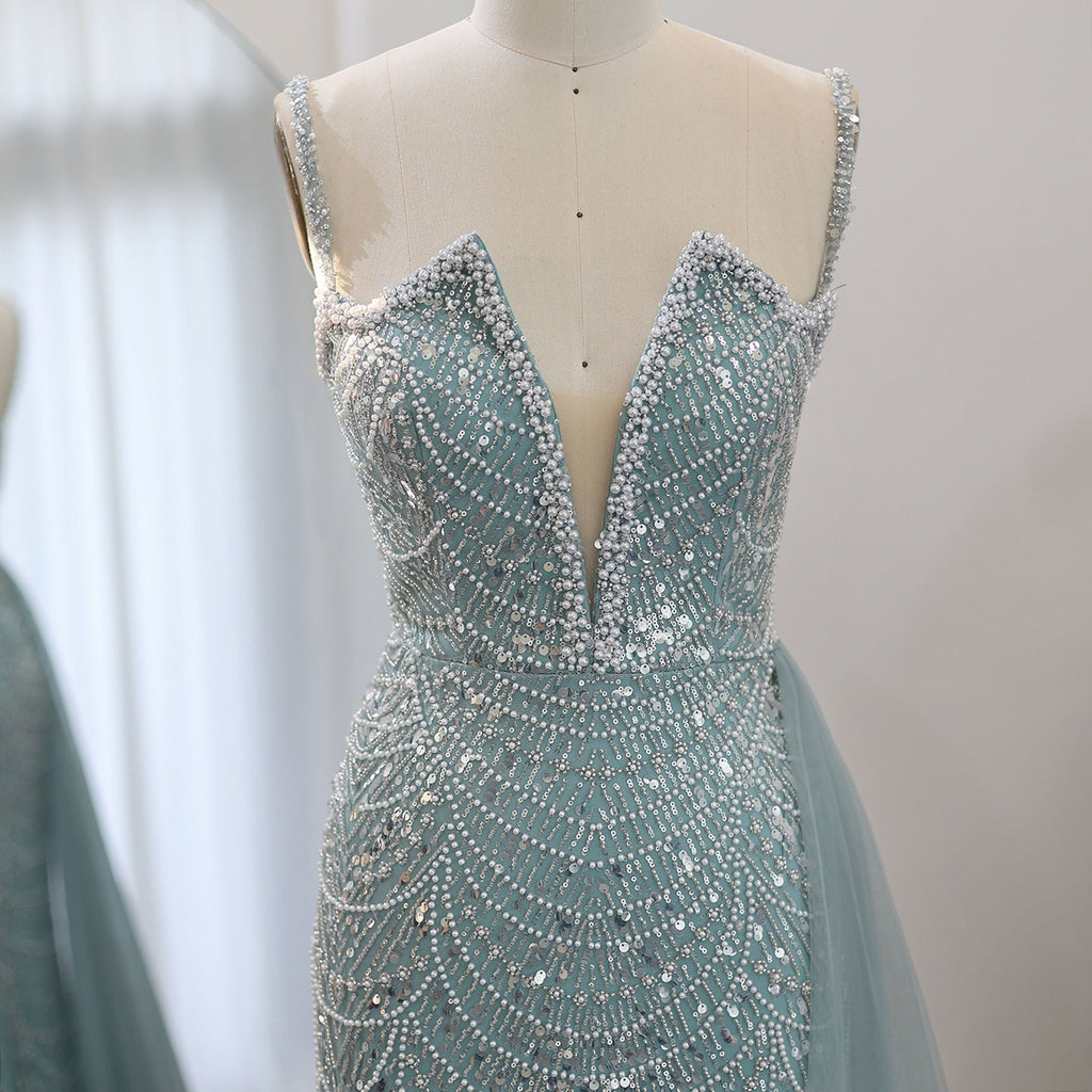 Luxury Pearls Nude Spaghetti Straps Mermaid Evening Dress with Slit SS611