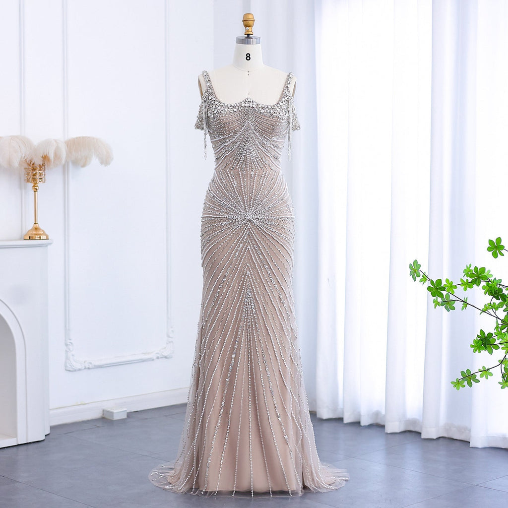 Luxury Tassel Silver Nude Evening Dress with Cape Chocker SS158