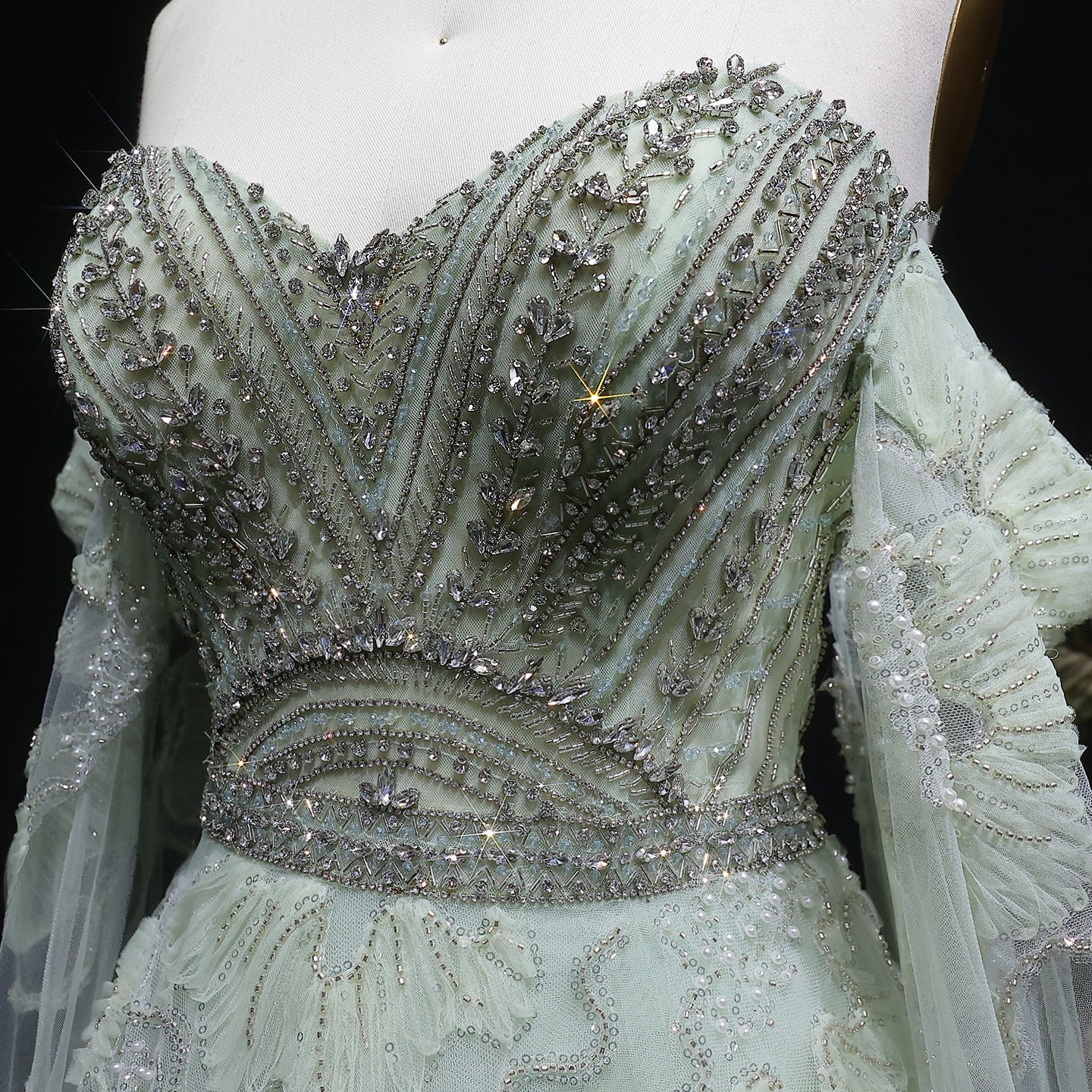 Elegant Sage Green Floral Beaded Off-the-Shoulder Tulle Evening Dress SS754