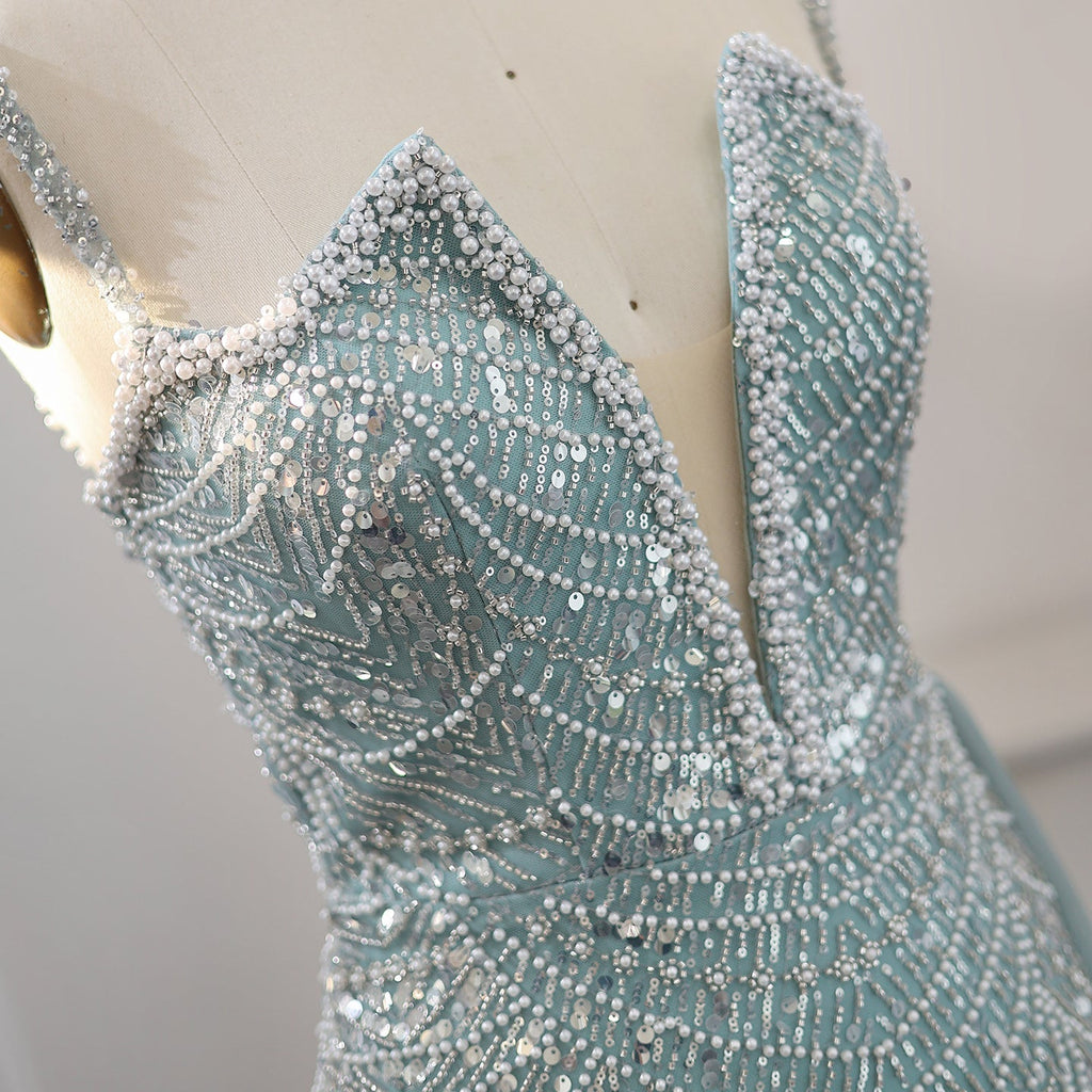 Luxury Pearls Nude Spaghetti Straps Mermaid Evening Dress with Slit SS611