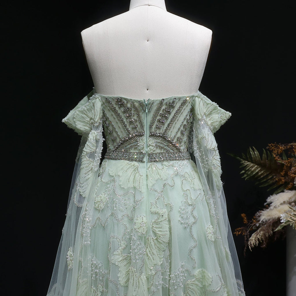 Elegant Sage Green Floral Beaded Off-the-Shoulder Tulle Evening Dress SS754