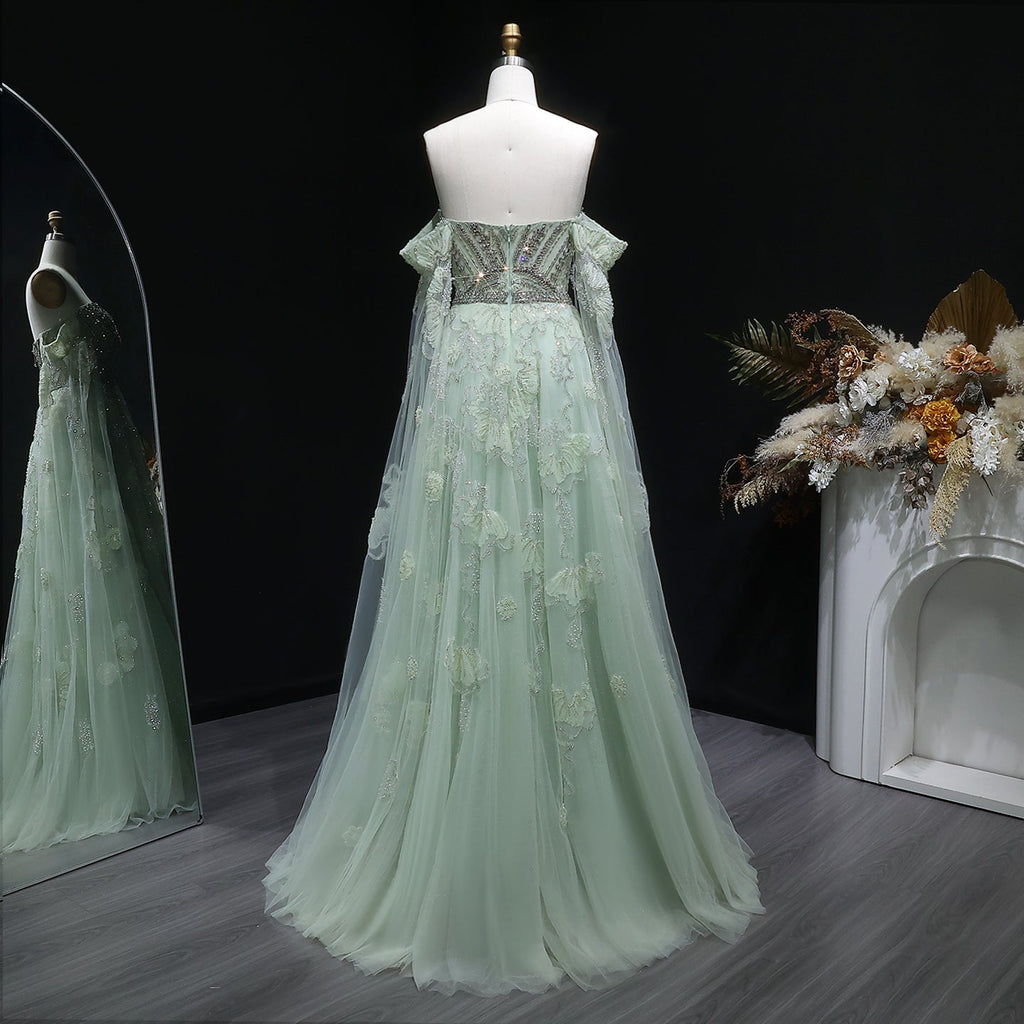 Elegant Sage Green Floral Beaded Off-the-Shoulder Tulle Evening Dress SS754