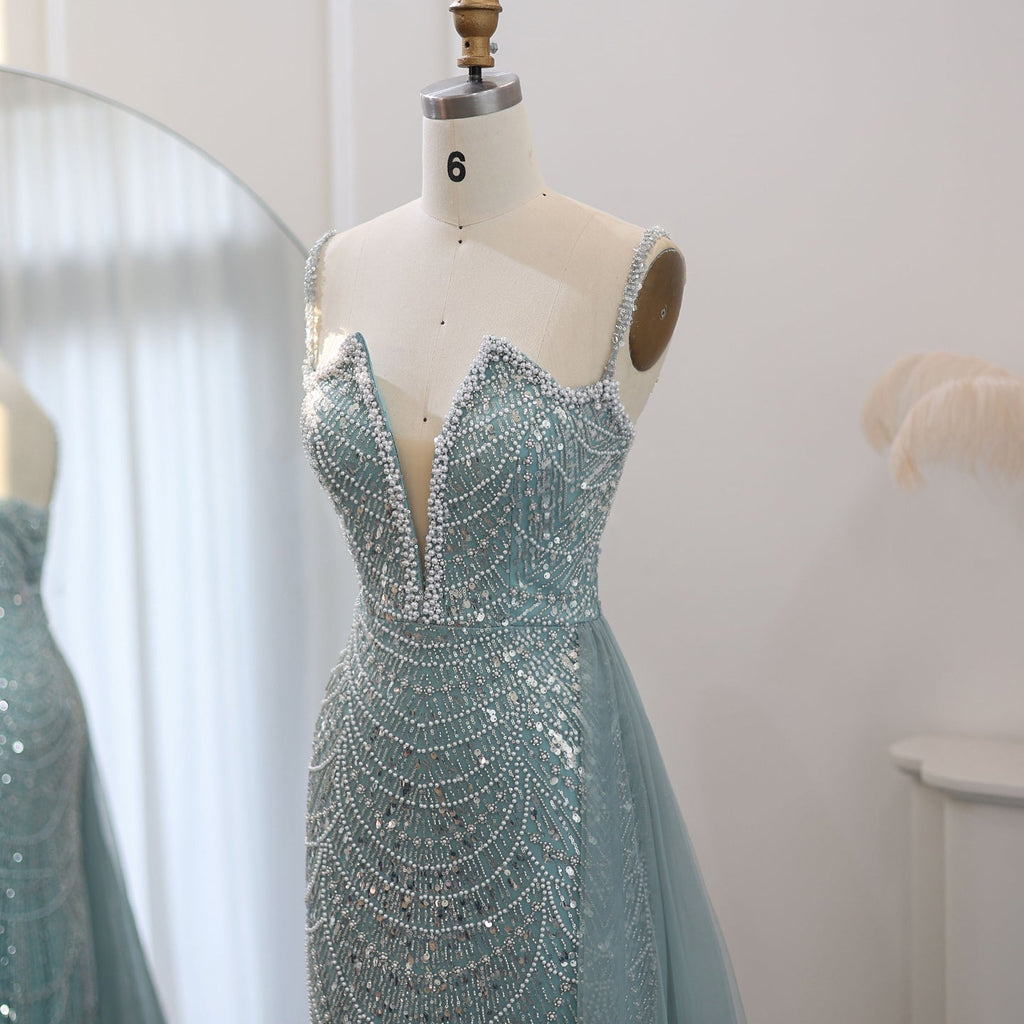 Luxury Pearls Nude Spaghetti Straps Mermaid Evening Dress with Slit SS611
