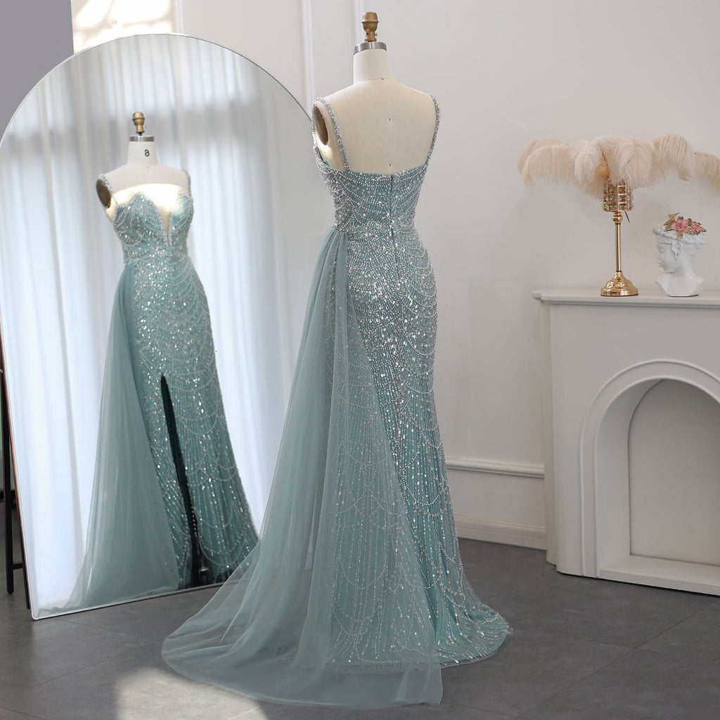 Luxury Pearls Nude Spaghetti Straps Mermaid Evening Dress with Slit SS611