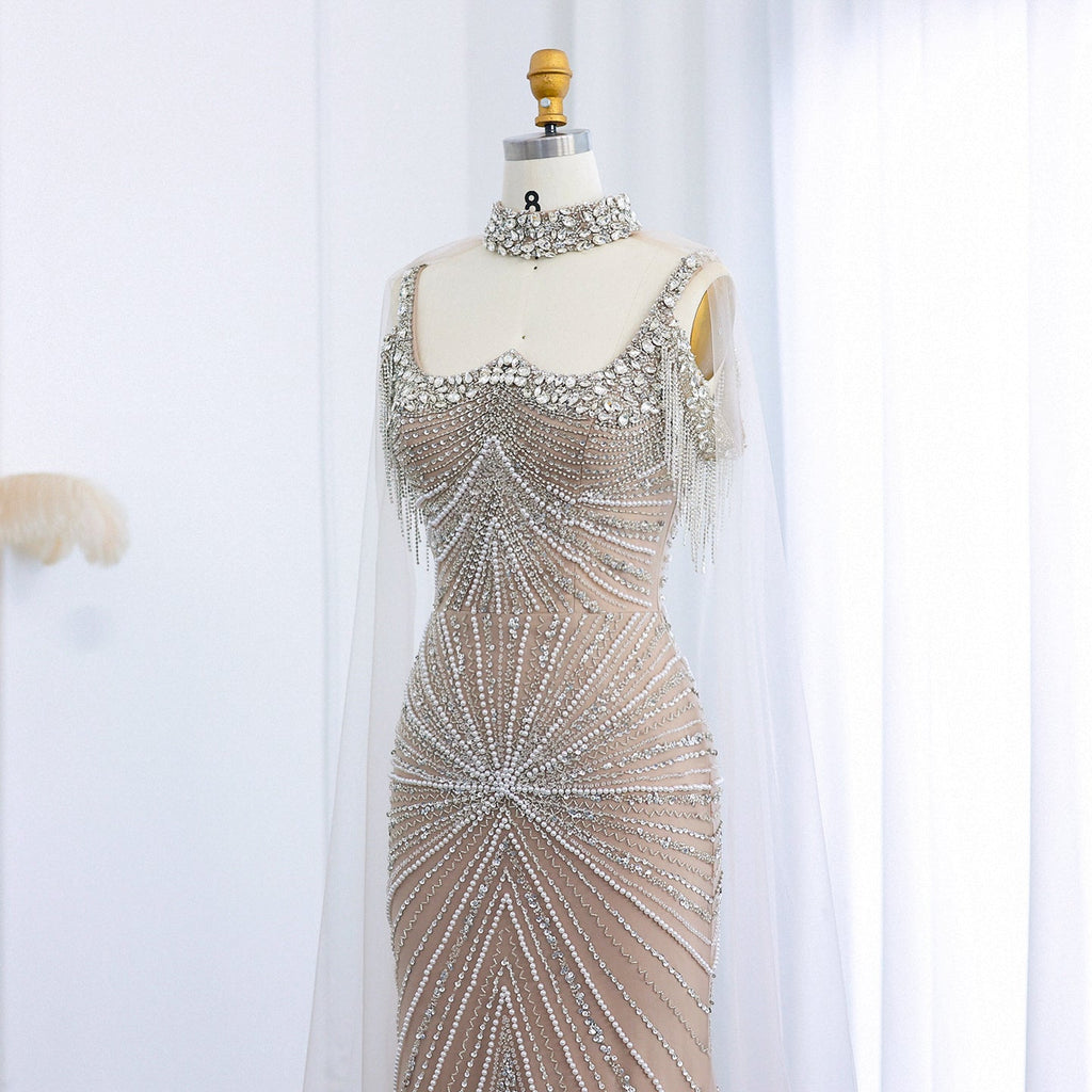 Luxury Tassel Silver Nude Evening Dress with Cape Chocker SS158