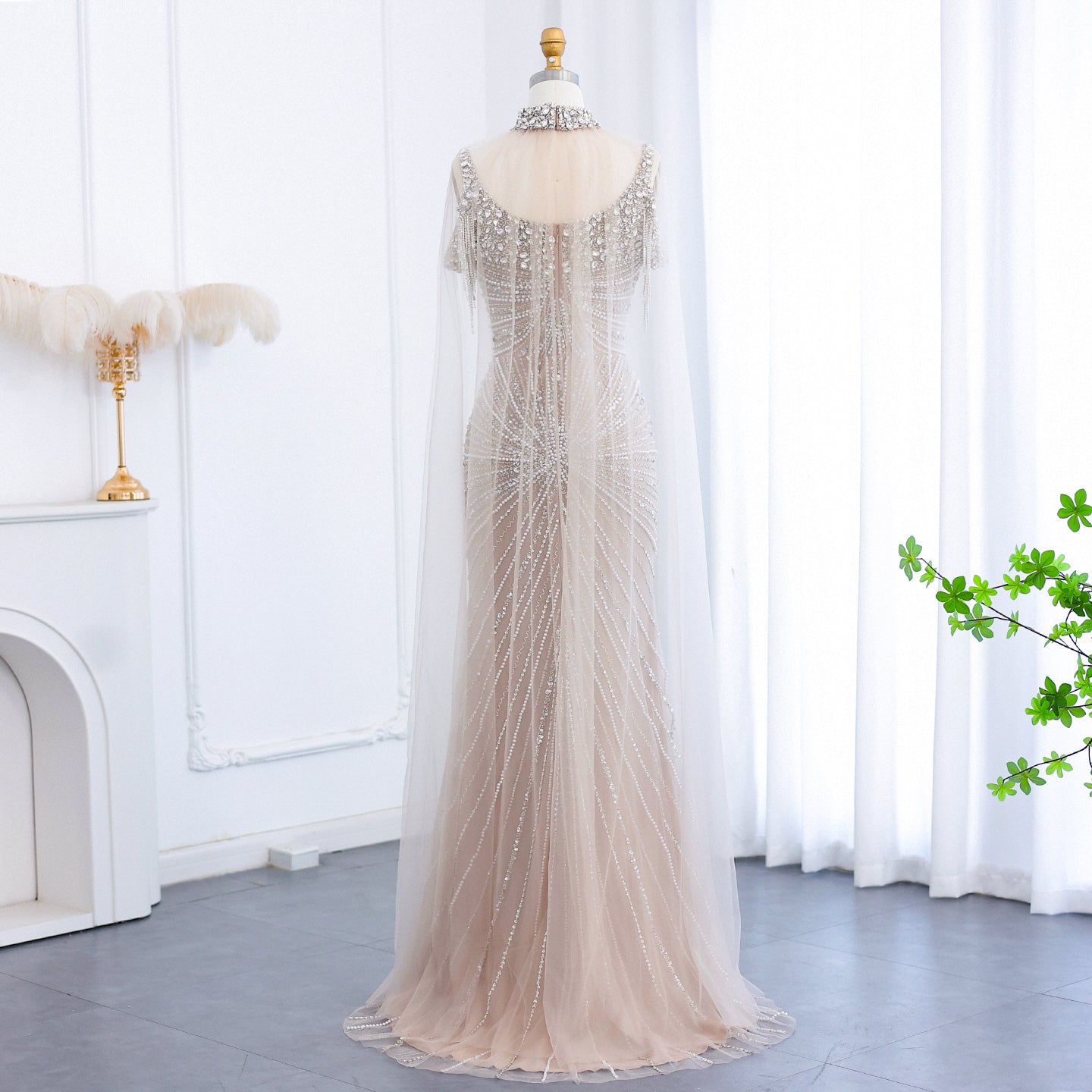 Luxury Tassel Silver Nude Evening Dress with Cape Chocker SS158