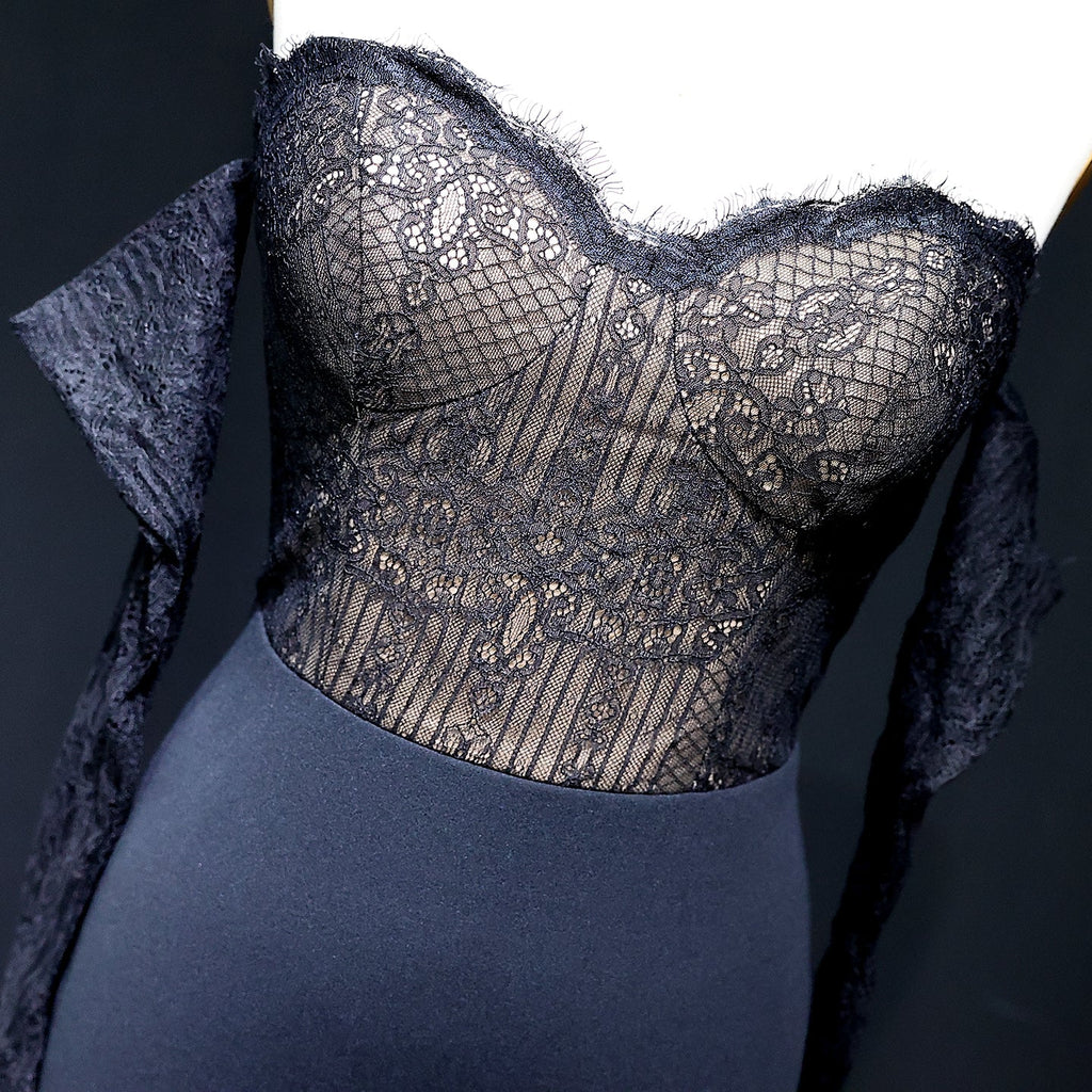 Elegant Lace pattern Sweetheart Black Evening Dress with Gloves SF216