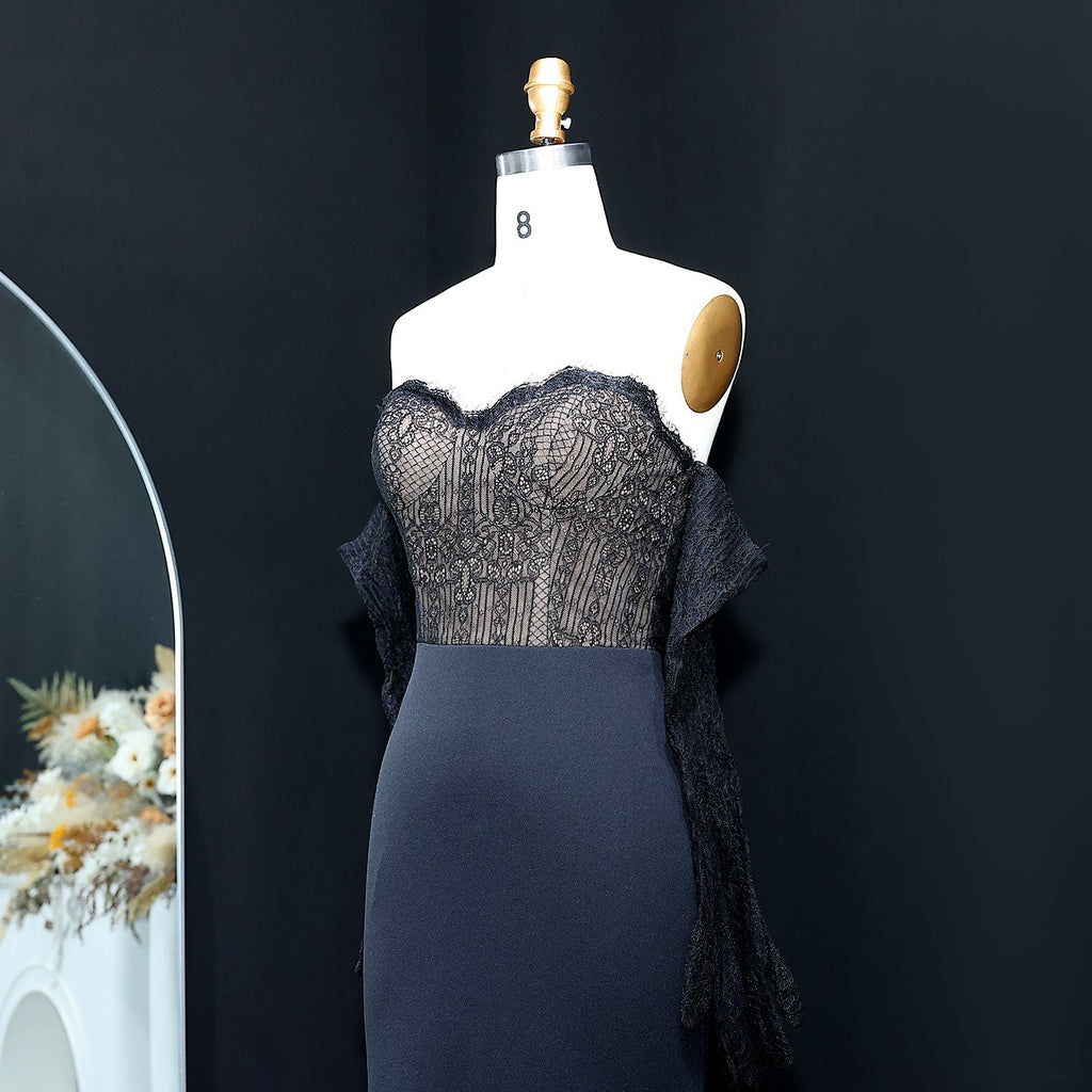 Elegant Lace pattern Sweetheart Black Evening Dress with Gloves SF216