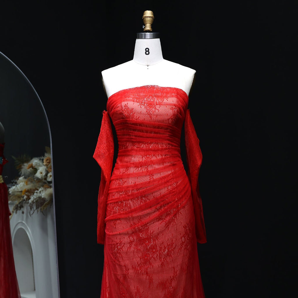 Elegant Strapless Red Long Sleeves Mermaid Evening Dress SF257