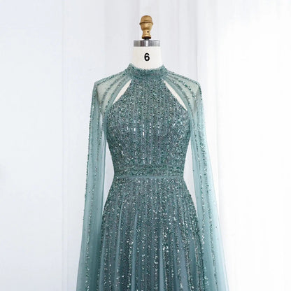 Luxury Beaded Turquoise Evening Dress with Cape SS085