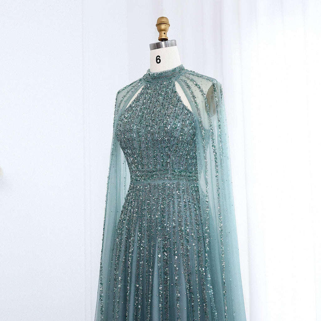 Luxury Beaded Turquoise Evening Dress with Cape SS085