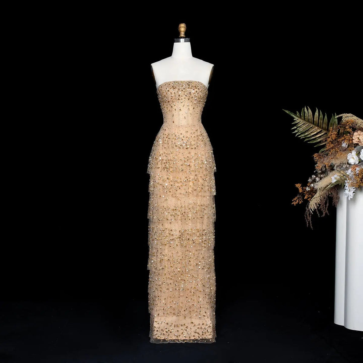Luxury Champagne Strapless Crystal Sheath Evening Dress SS720