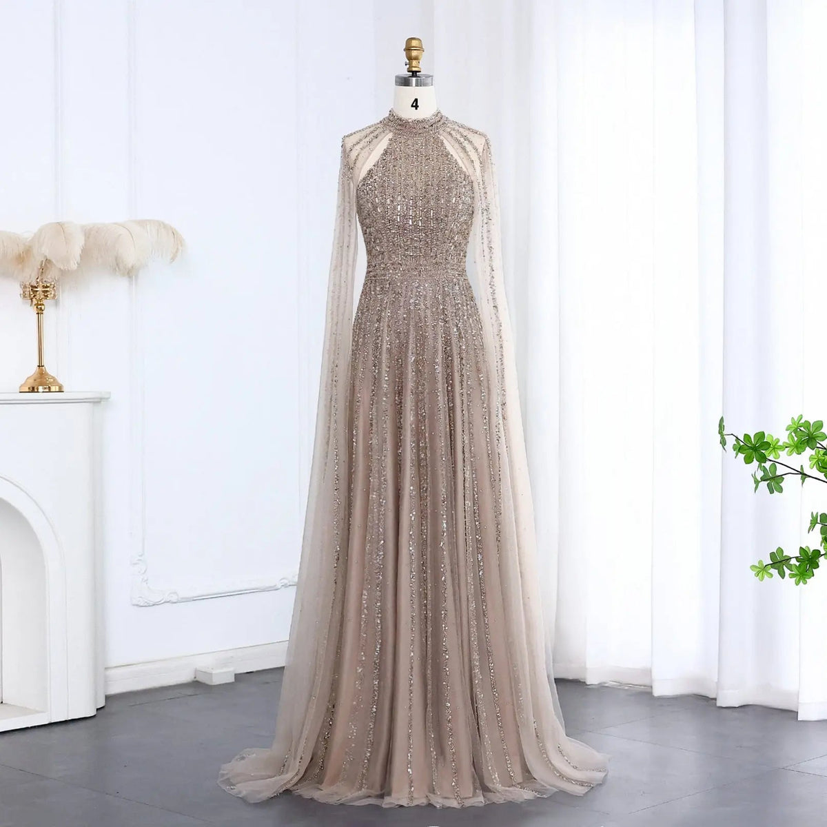 Luxury Beaded Turquoise Evening Dress with Cape SS085