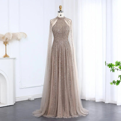 Luxury Beaded Turquoise Evening Dress with Cape SS085