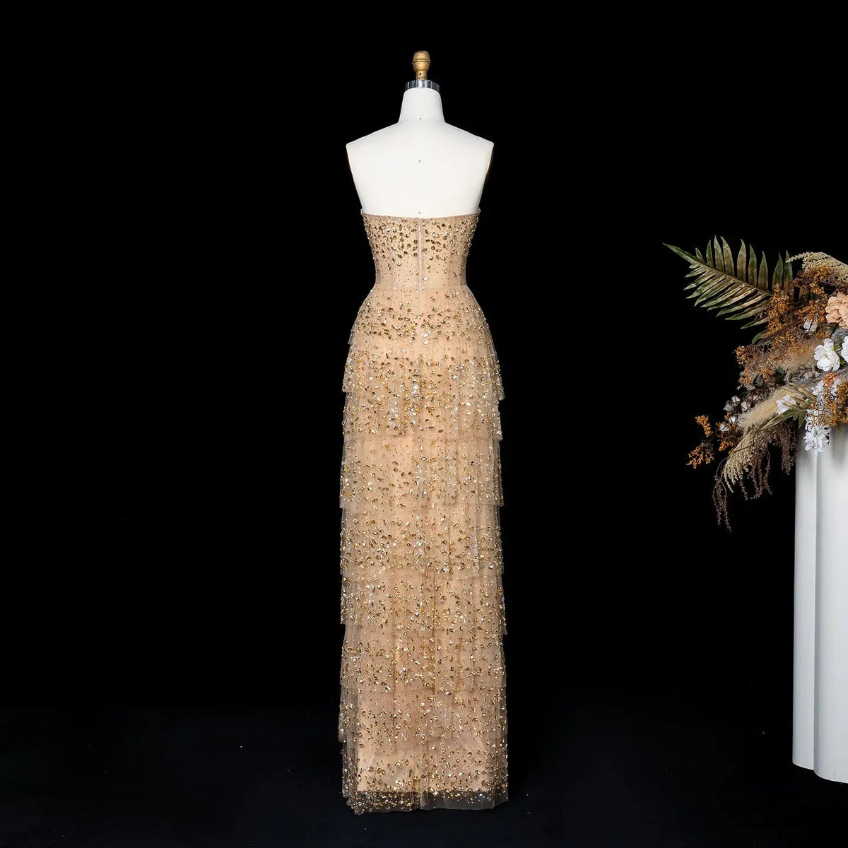 Luxury Champagne Strapless Crystal Sheath Evening Dress SS720