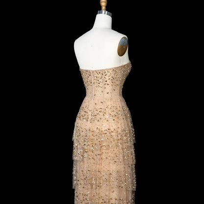 Luxury Champagne Strapless Crystal Sheath Evening Dress SS720