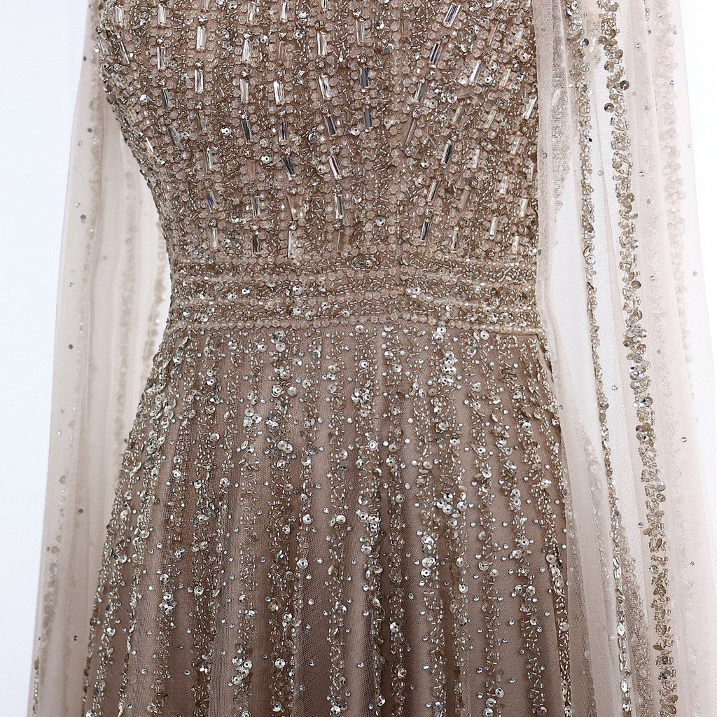 Luxury Beaded Turquoise Evening Dress with Cape SS085
