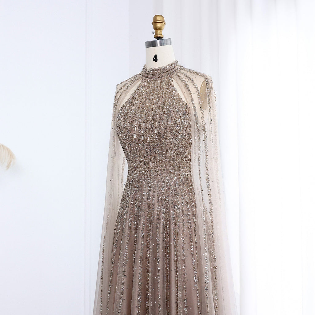 Luxury Beaded Turquoise Evening Dress with Cape SS085