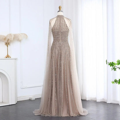 Luxury Beaded Turquoise Evening Dress with Cape SS085